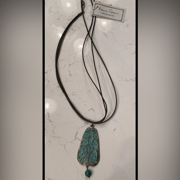 Elaine Coyne Solid Brass Patina Calla Lily Jasper Rawhide Necklace Signed NWT - Picture 1 of 5